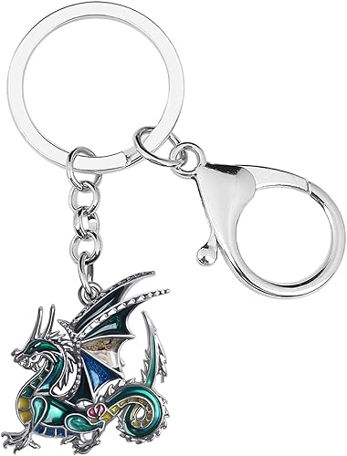 BONSNY Llaveros de metal esmaltado novedoso de dragón de fantasía de dinosaurio para mujer, regalo de coche, monedero, anillos, encantos, símbolo de