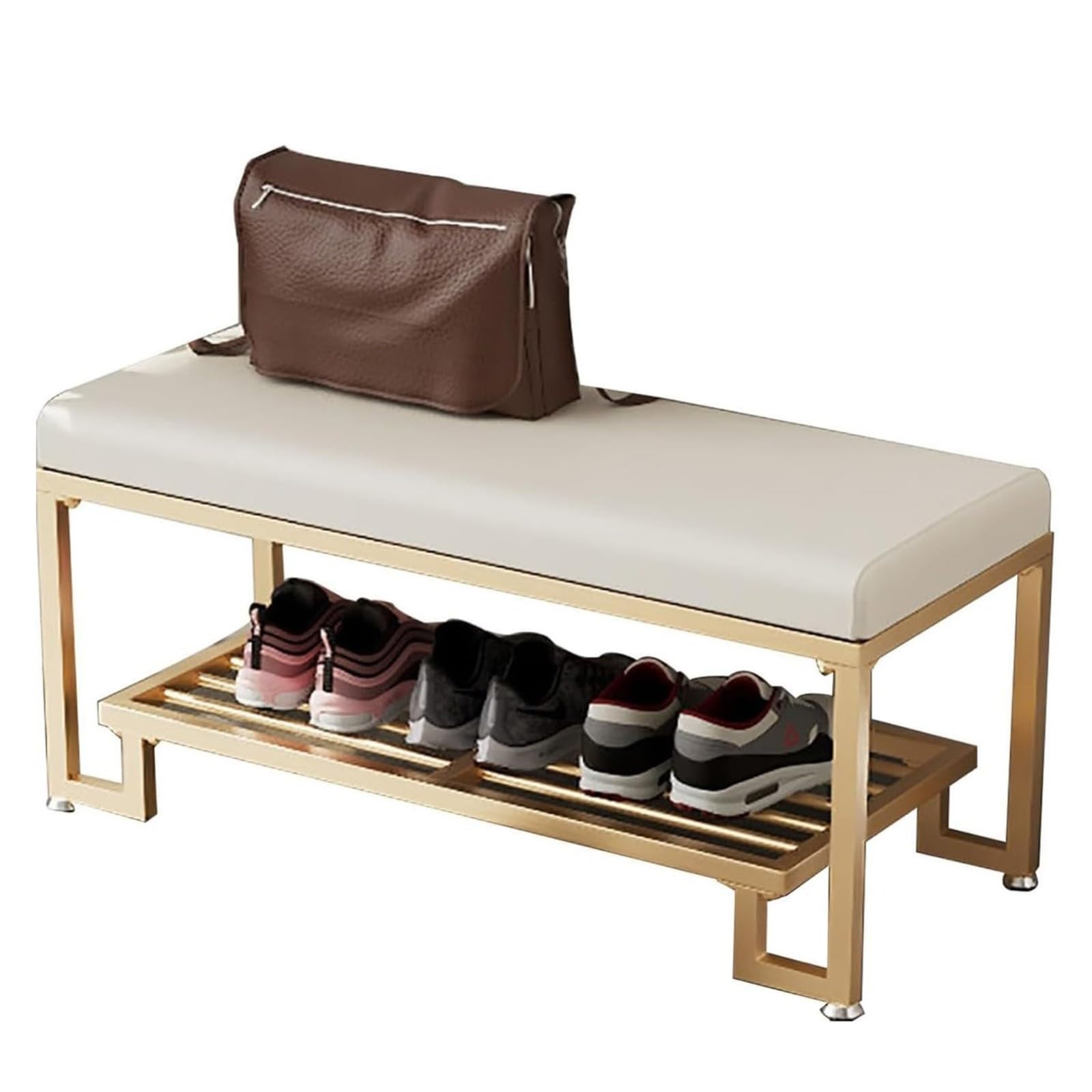 WJFTODAY Beige Storage Bench with Metal Shoe Rack Padded Entryway Space Saving Shoe Storage for Hallway Living Room Porch 39in/100cm