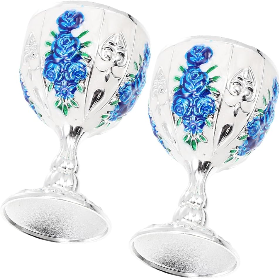 BESTOYARD Retro Wine Glass 2Pcs Vintage Small Drinking Cups Zinc Alloy Silver Goblet for Whiskey Wine Cocktails Home Party Tabletop Decorations