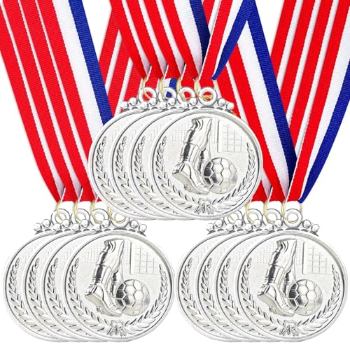 Santme 12 Pièces Médaille de Récompense, Médaille de Football Médaille d'argent avec Rubans de Cou pour pour Les Compétitions, Le Sport, Style Olympique...