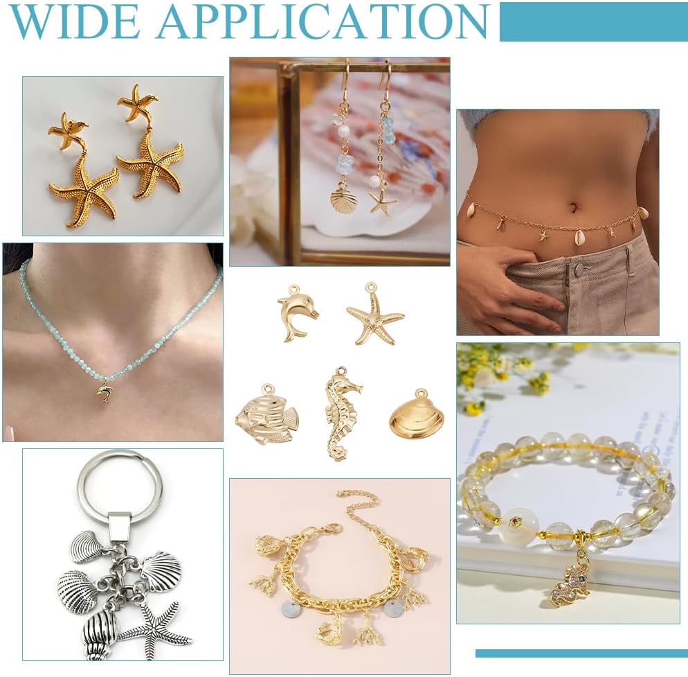 PH PandaHall 50pcs Ocean Theme Charms 5 Styles 304 Stainless Steel Seashell Charms Golden Sea Animal Pendants Dolphin Seahorses Charms Fish Charms for Summer Bracelet Necklace Keychain Jewelry Making - Image 6