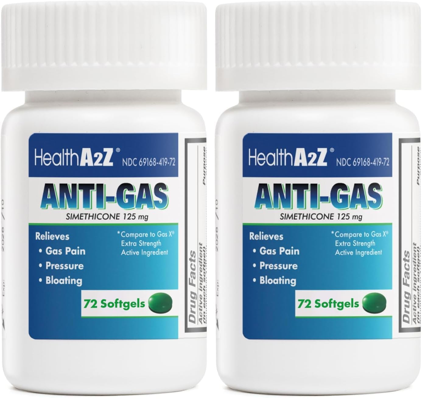 HealthA2Z® Gas Relief Simethicone | 125mg | Relieves from Stomach Discomfort and Gas | Anti Flatulence | Relieves Gas Fast and Bloating (72 Counts (Pack of 2))