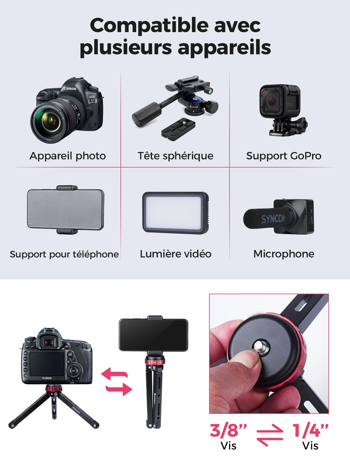 Mini Trépied, Moman TR01 Caméra Table Petit Aluminium CNC avec vis 1/4 et 3/8 Maxload 80KG pour Video Studio Lumiere LED Light Smartphone Telephone DSLR Appareils Photo Reflex et Gimbal, Noir Rouge