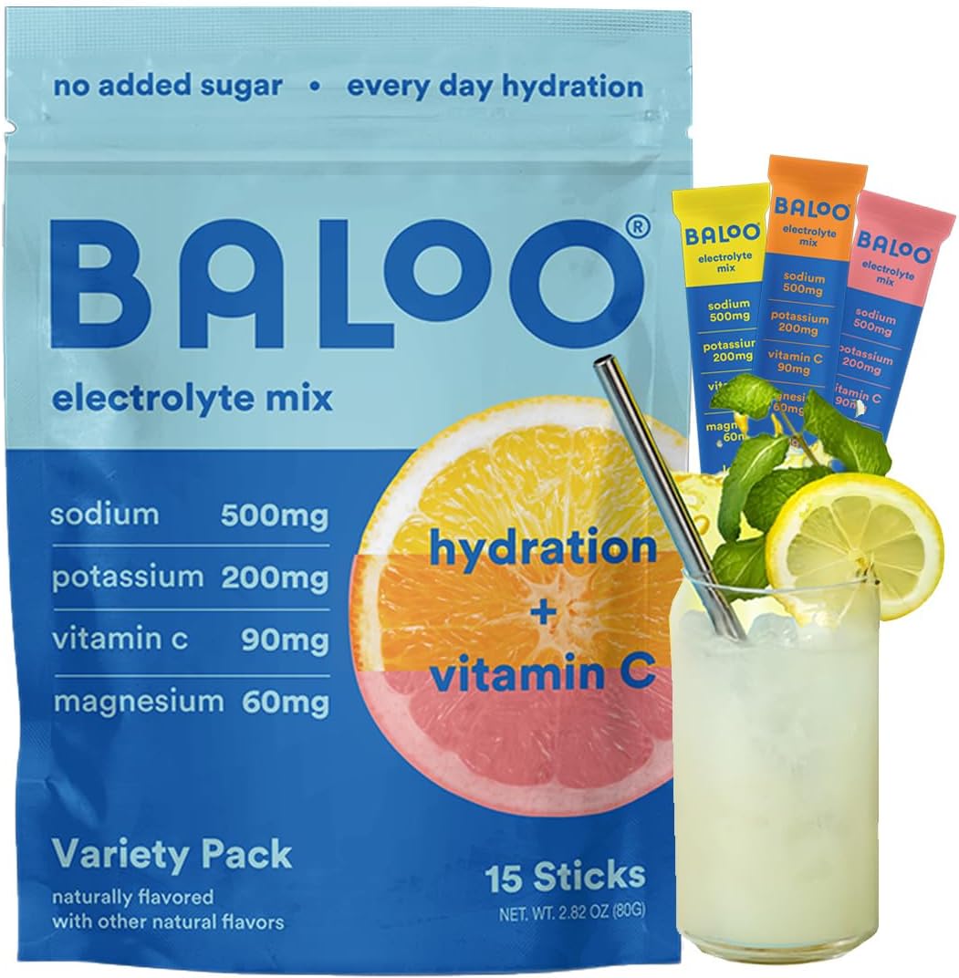 Baloo Electrolyte Drink Mix – No Added Sugar Hydration Powder with Magnesium, Potassium, Sodium & Vitamin C – Variety – 15 Stick Packs Baloo Electrolyte Drink Mix – No Added Sugar Hydration Powder with Magnesium, Potassium, Sodium & Vitamin C – Variety – 15 Stick Packs