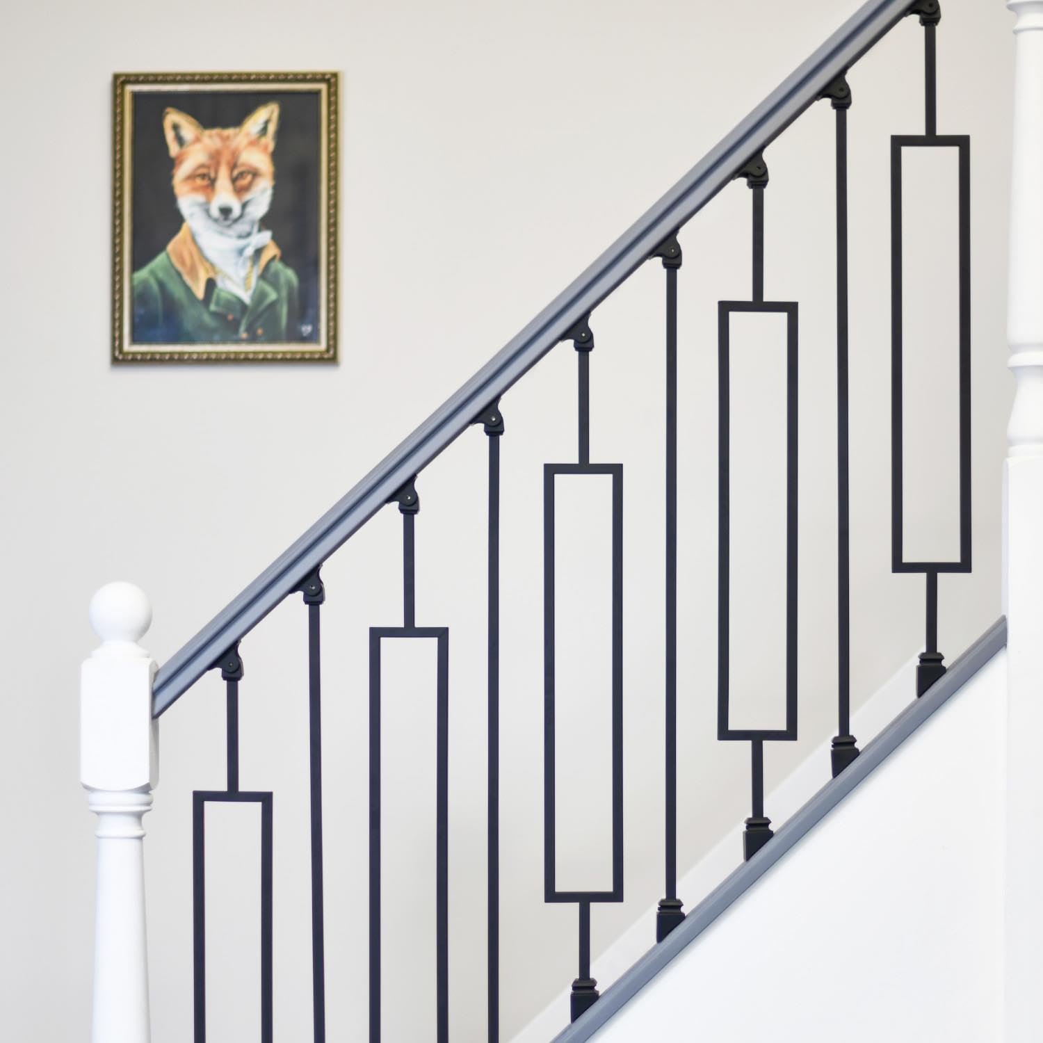 Set of 2 Matte Black "Enfield" Steel Stair Spindles - Pattern 10 - with Adjustable Rake Brackets