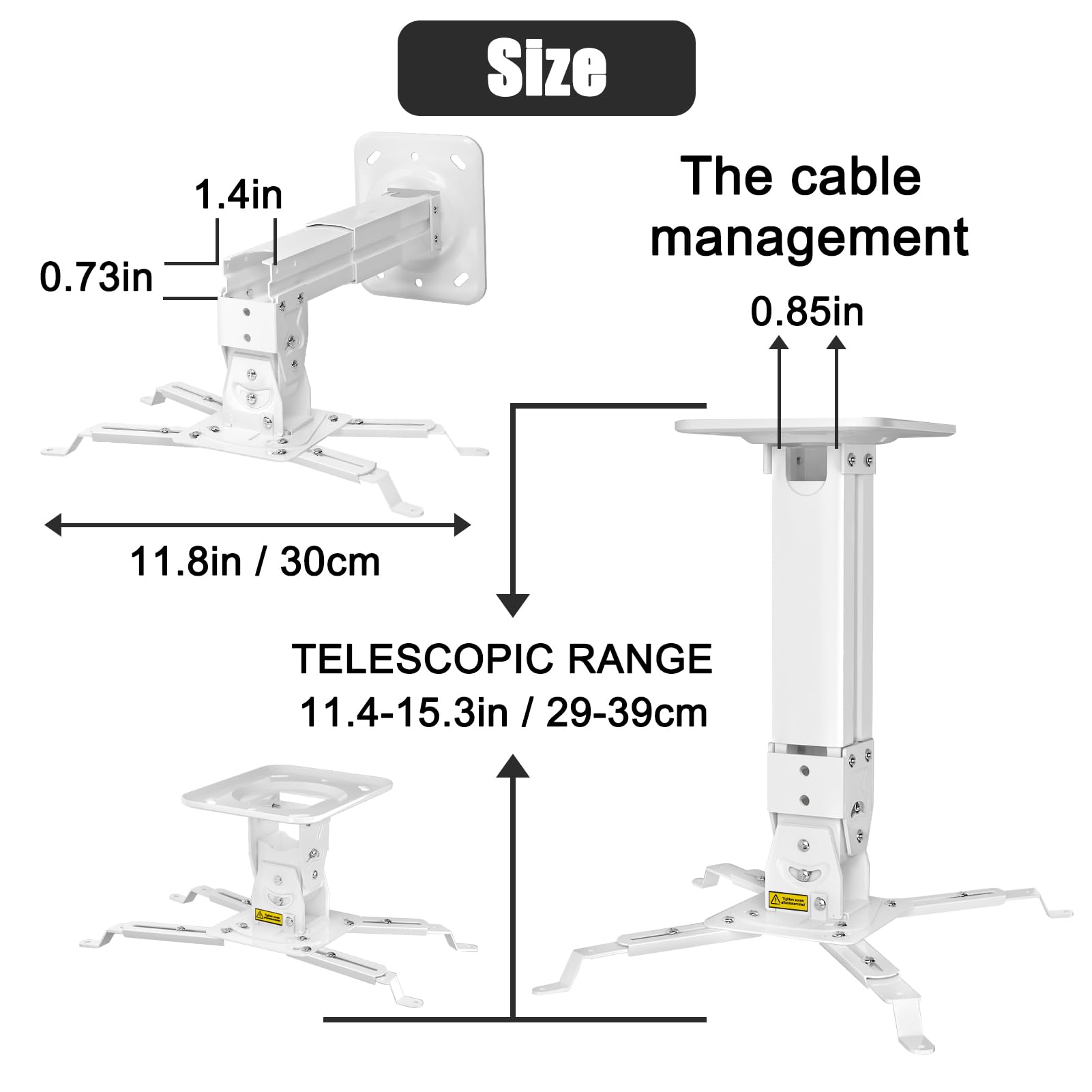 Soporte para proyector de alta resistencia, carga máxima, 45 libras, 46.3 lbs, extensible, 11.4-15.3 pulgadas, montaje en techo, montaje en techo, montaje universal para proyectores, ángulo 2