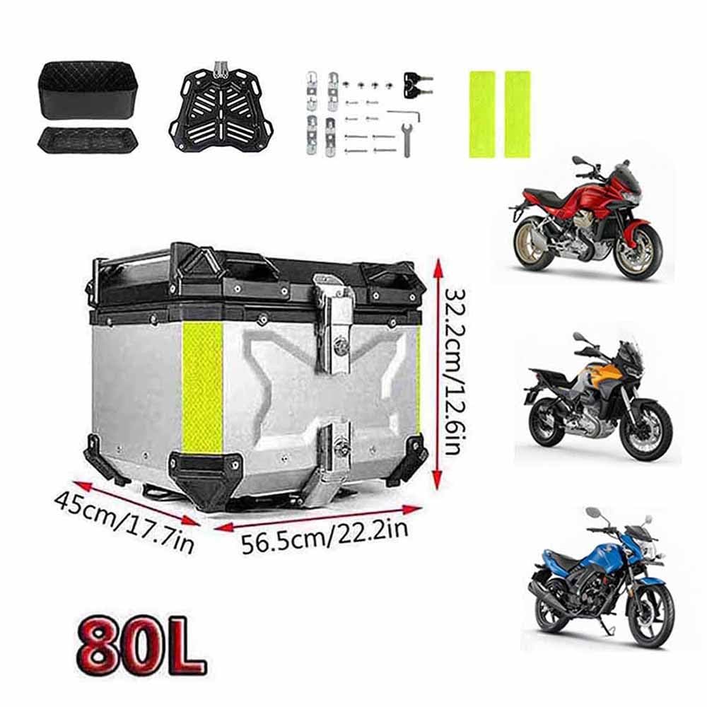 Top Case Box Moto Aluminium avec Verrouillage De Sécurité, Coffre De Moto Étanche 28L 36L 45L 55L 65L 80L 100L, Valise Moto pour Rangement Casques(Noir,80L)