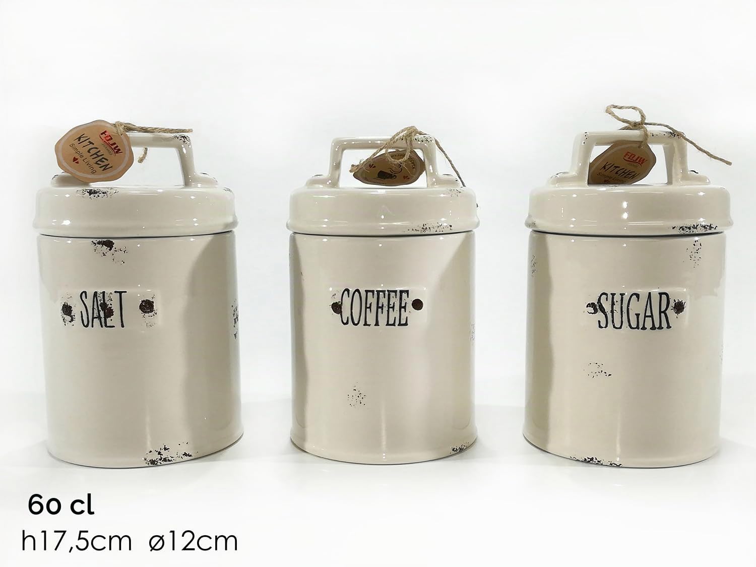Set 3 Barattoli in Ceramica Vintage posta sale zucchero cafféda cucina Ermetici con Scritta salt coffee sugar cl 60