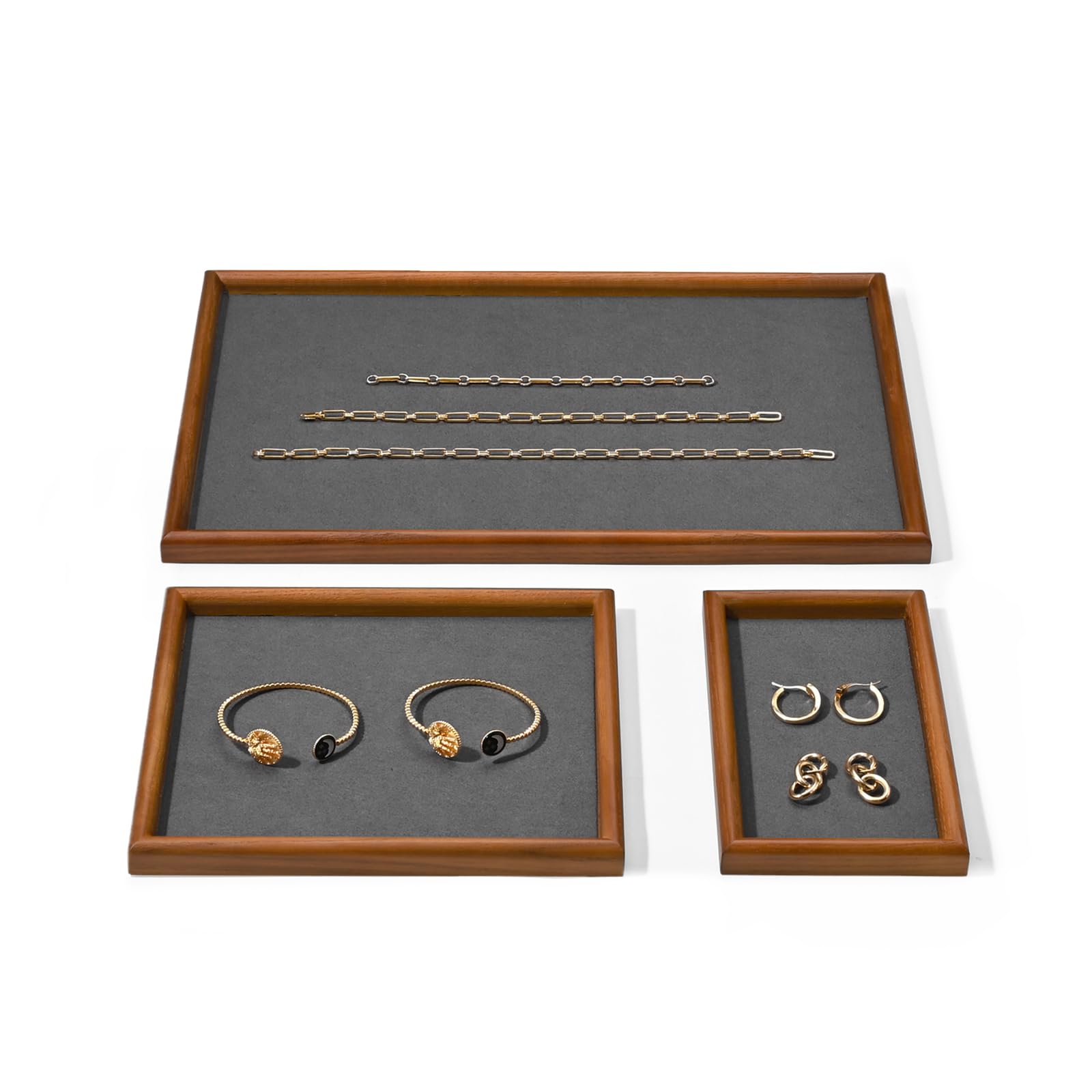 Oirlv Rectangle Plateaux à Bijoux Plateaux à Bijoux En Bois Massif,Organiseur à Bijoux,Rangement de Bijoux(Grand Format/Gris Foncé)