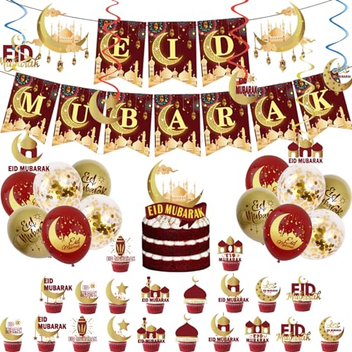 COSORO 44 Stück Luftballons Rot Golden Set für Heim Dekoration Eid Mubarak Banner Farbige Flagge Latex Ballons Konfetti Luftballons für Eid Deko Bunt Matte Ballon für Party Dekoration