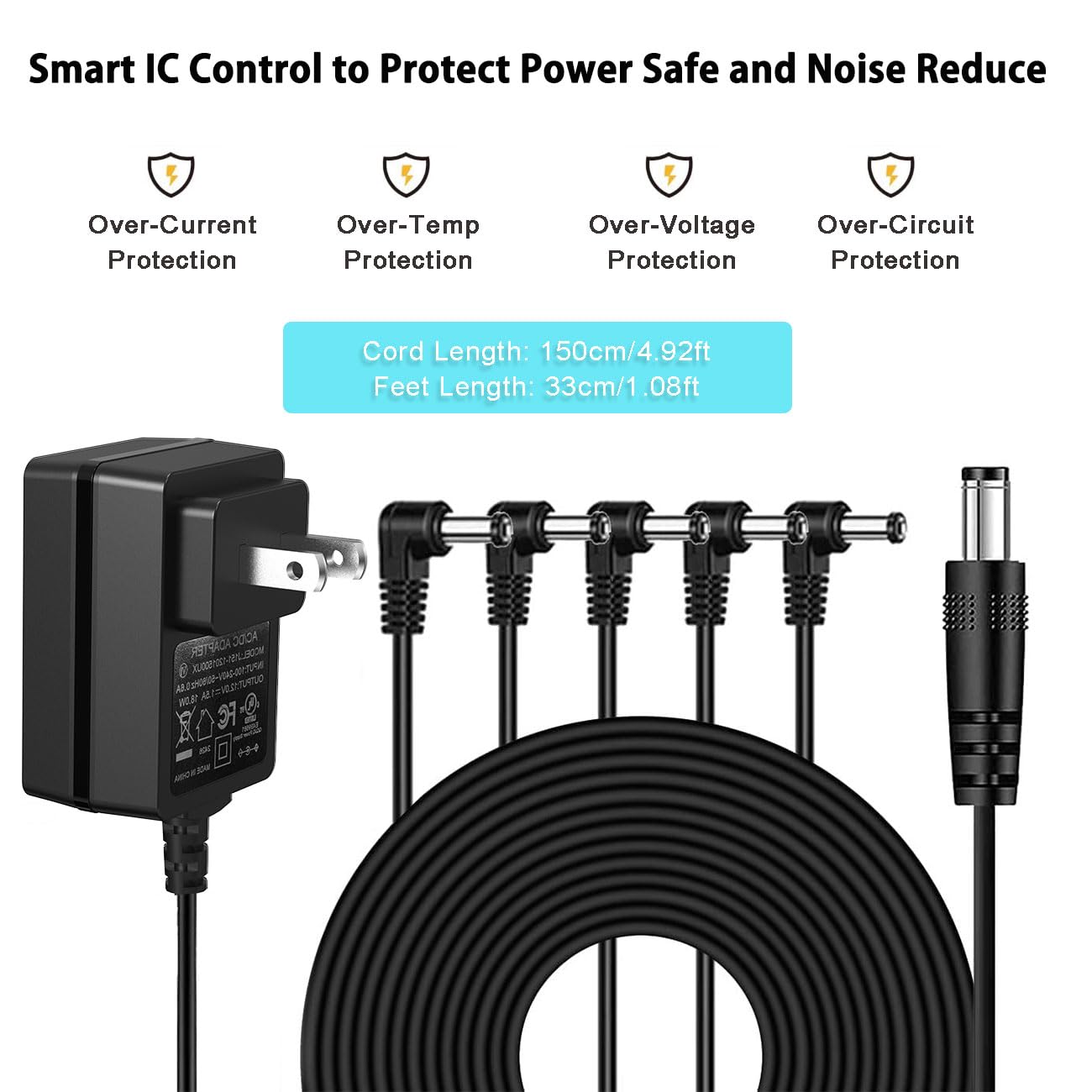 JOYO DC 12V 1.5A Power Supply Adapter for Guitar Effect Pedals Mini Amplifier AC Wall Charger Adapter with 5 Way Daisy Chain Cables Reverse Polarity Cable (Tip Negative)