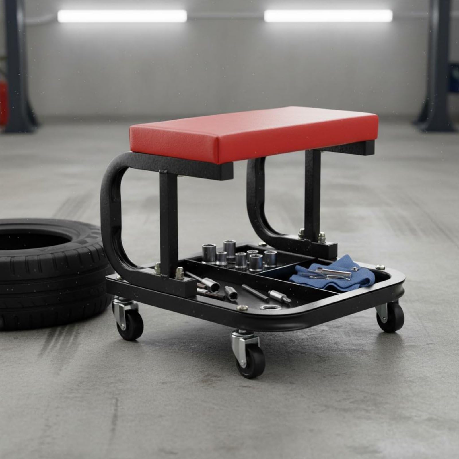 Colcolo Asiento Mecánico Taburete Rodante Banco Taller Silla Taller con Bandeja Organizador y Cojín Cómodo Movimiento en Taller y Garaje Adecuado para