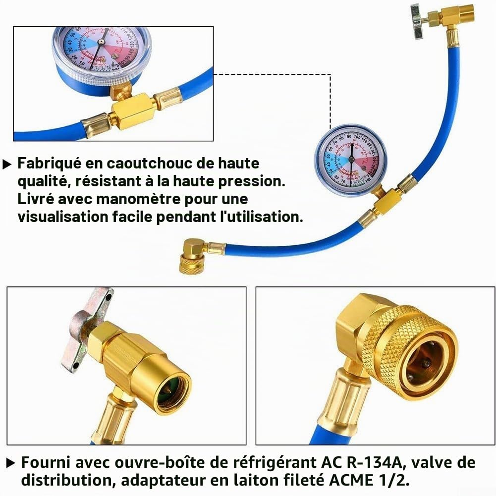 BPV31 Kit de valve de robinet de perçage compatible avec les tuyaux de 6,35 mm de diamètre extérieur, 5/16" et 3/8", Kit de tuyau de recharge R134a pour manomètre de réfrigérateur