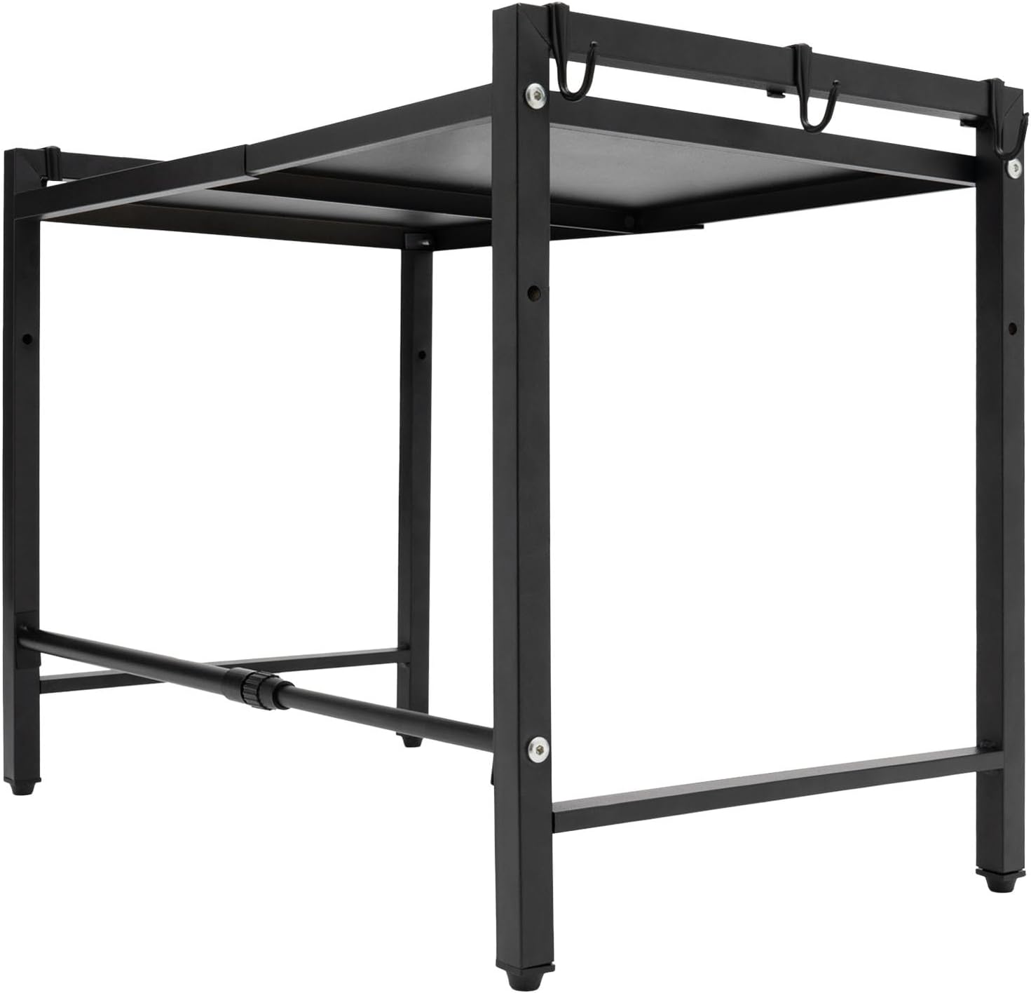 Standing Baker's Racks, Expandable Microwave Oven Rack, Adjustable Microwave/Toaster Shelf Stand Kitchen Counter Top Organizer, with 6 Hooks, 66.14lbs Weight Capacity, Black Counter Top Organizer