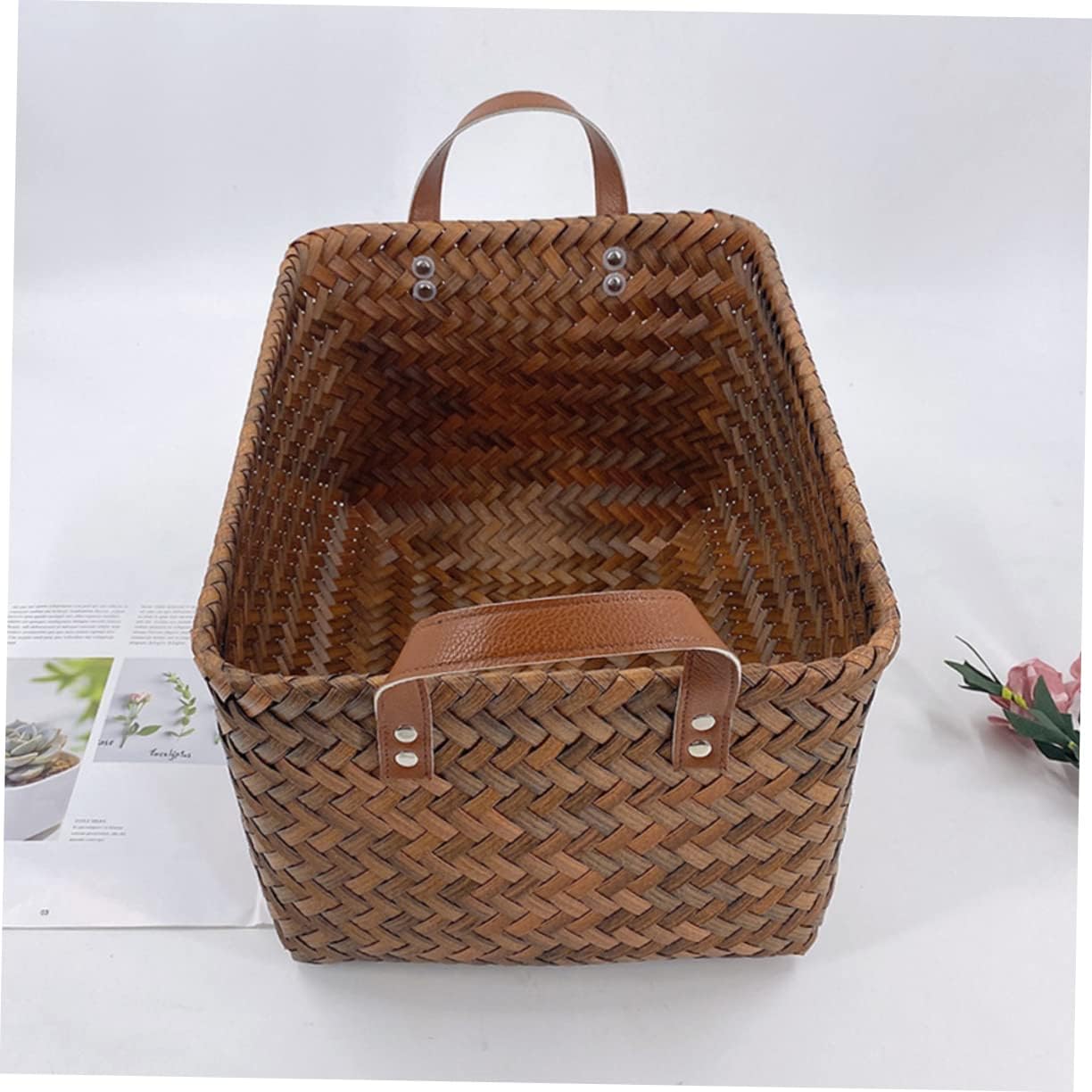 IMIKEYA Multipurpose Woven Storage Basket with Leather Handles Medium Decorative Laundry Hamper for Bathroom Nursery Bedroom and Living Room Capacity Organizer for Clothes and Snacks Easy