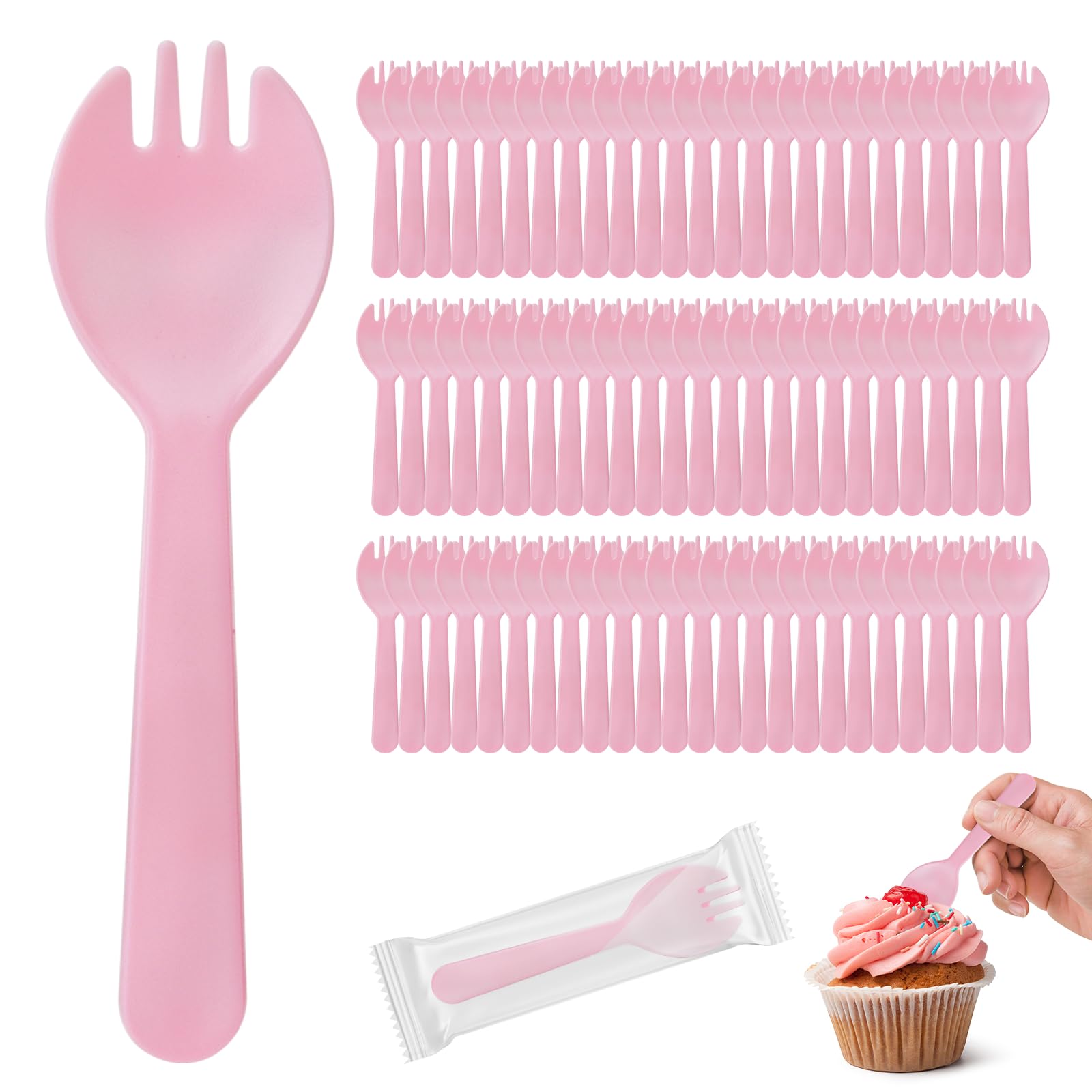 100Pcs Mini Pink Plastic Spork, 4.2 Inch Individually Wrapped Disposable Cutlery, Small Fork Spoon Combo for Desserts, Ice Cream, Cakes, Appetizer, To-Go & Party Use