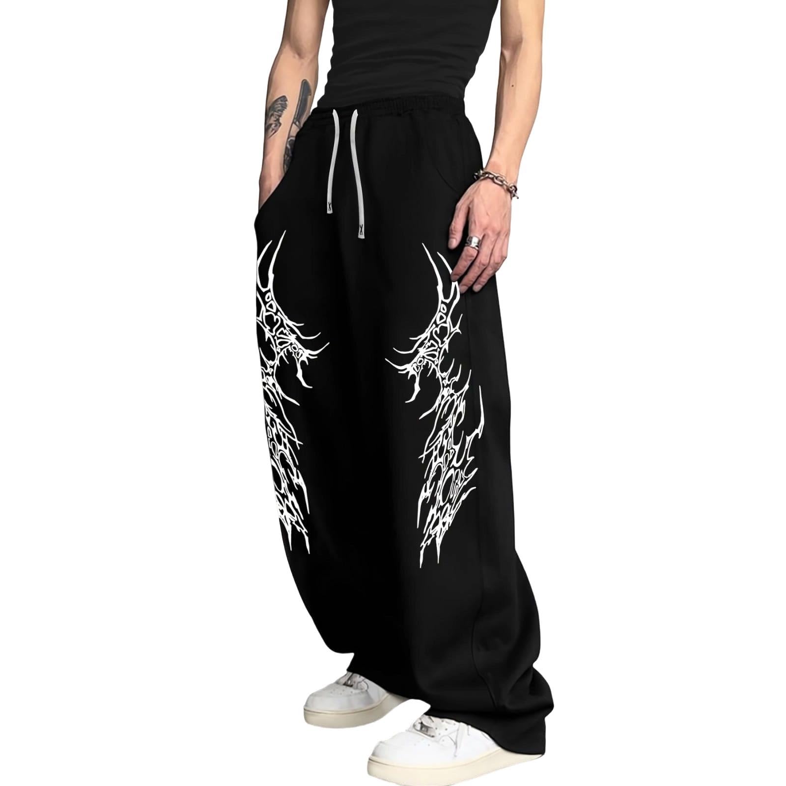 Fitness Hose Herren Gym Lang Sporthose Bodybuilding Trainingshose Y2K Jogginghose Baggy Sweatpants Gothic Punk Streetwear Weites Bein Freizeithose mit Kordelzug Elastischer Sweathose
