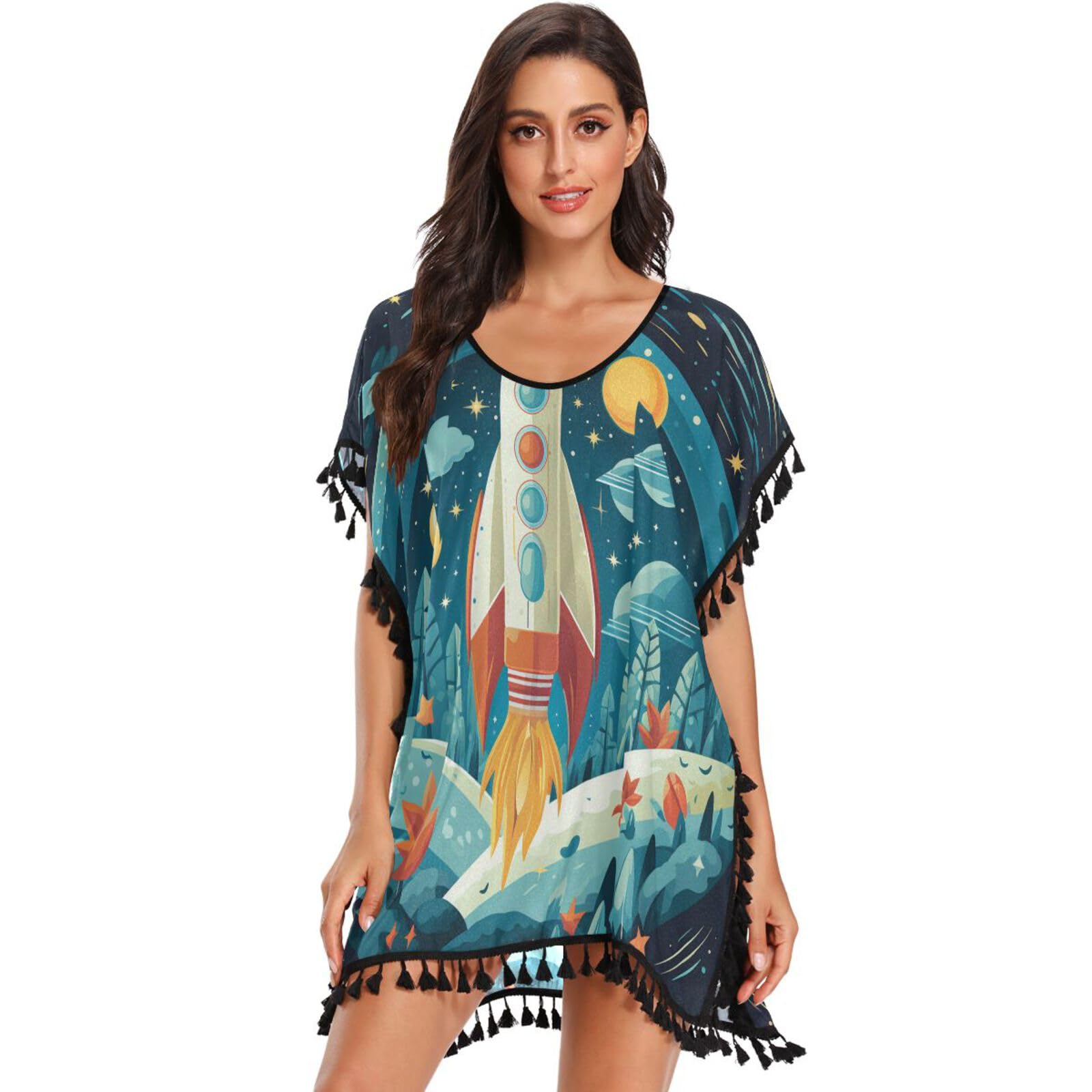 Space Rocket Art Women's Beach Cover Up Chiffon Tassel Swimwear Swimsuit Coverups for Girl