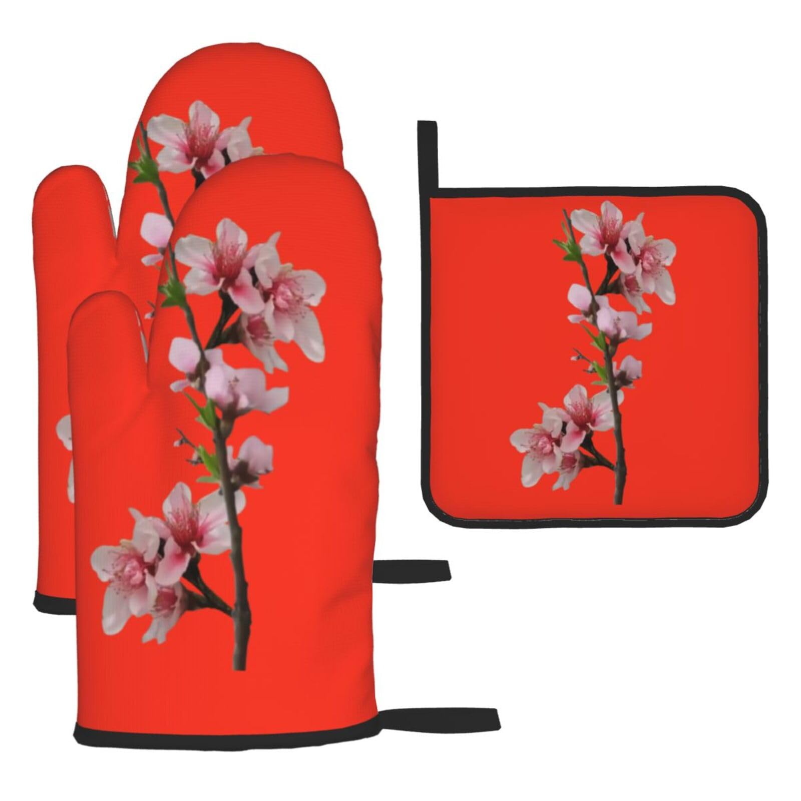 Blooming Peach Blossoms Oven mittens and oven mitts three-piece set suitable for oven, grilling, baking, microwave and home cooking.