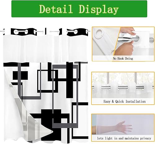 Miniatura 5 de Emwnodti Juego de cortinas de ducha sin gancho en blanco y negro con forro a presión, diseño geométrico moderno de arte transparente con ventana,