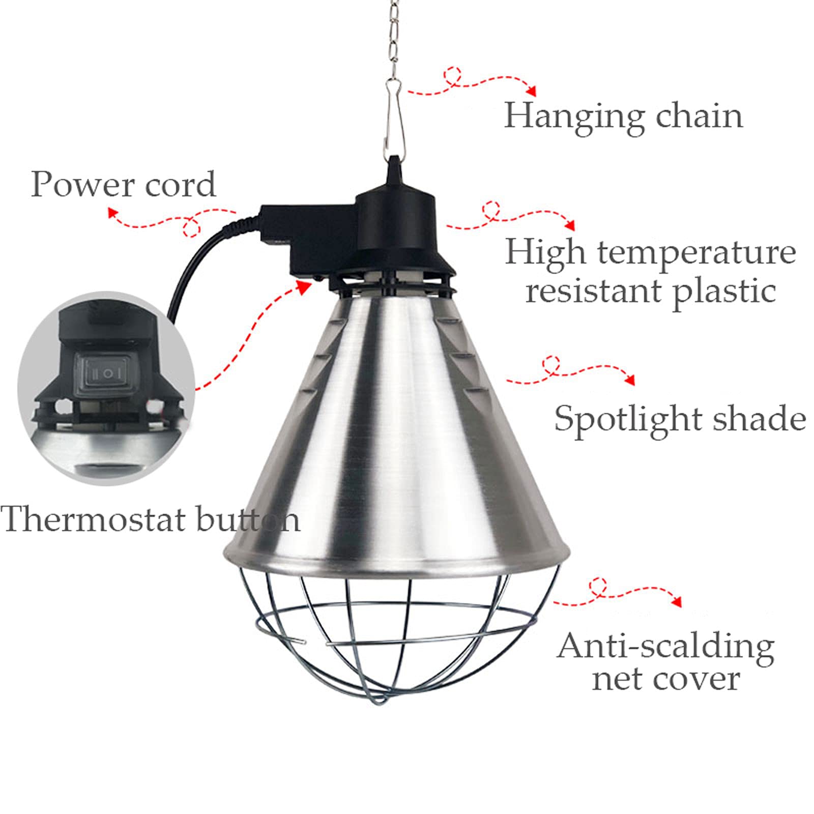 Lampada Infrarossi Riscaldamento, Lampada Riscaldante per Cani Pulcini Animali Domestici, Lampada Riscaldanti con Doppia Regolazione di Temperatura e 175w Lampadina, Rete di Protezione Zincata