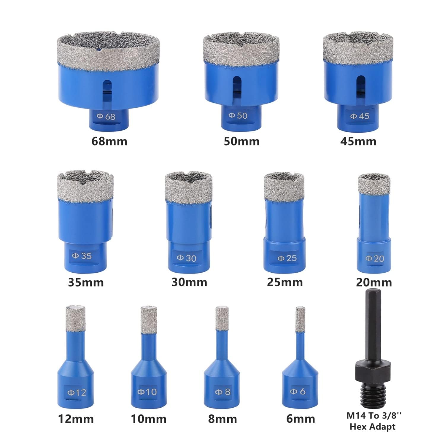 Juego de 12 brocas de diamante para azulejos de 6 a 68 mm, rosca M14, amoladora angular soldada al vacío, juego de brocas de diamante con adaptador hexagonal de 3/8 pulgadas para mármol