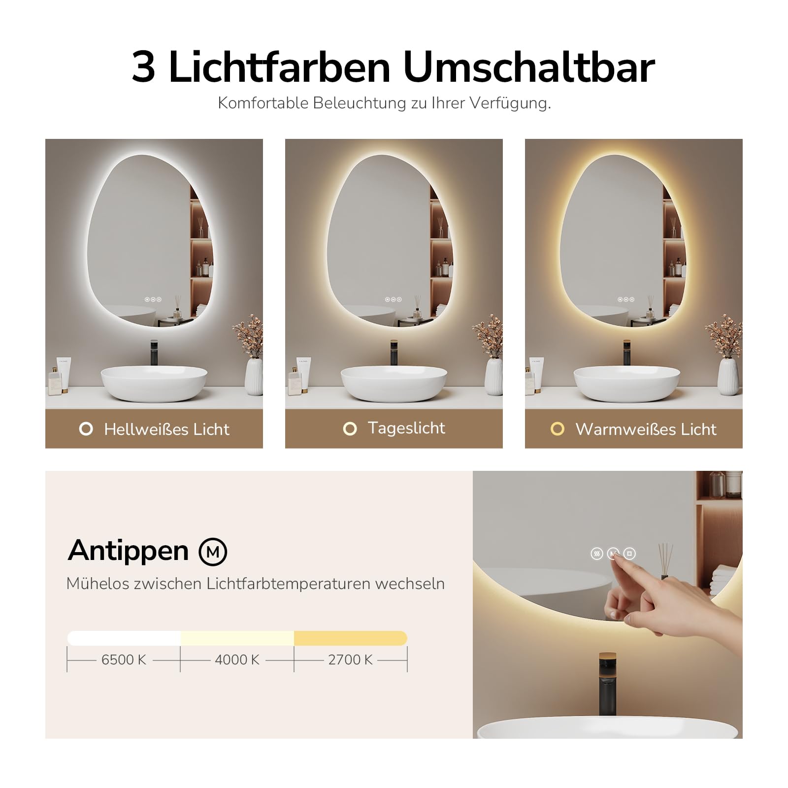 EMKE Spiegel mit Beleuchtung Asymmetrischer LED Badspiegel 75 x 55 cm Touch-Schalter, 3 Lichtfarben Dimmbar, Beschlagfrei Badezimmerspiegel mit Beleuchtung IP44 Energiesparend