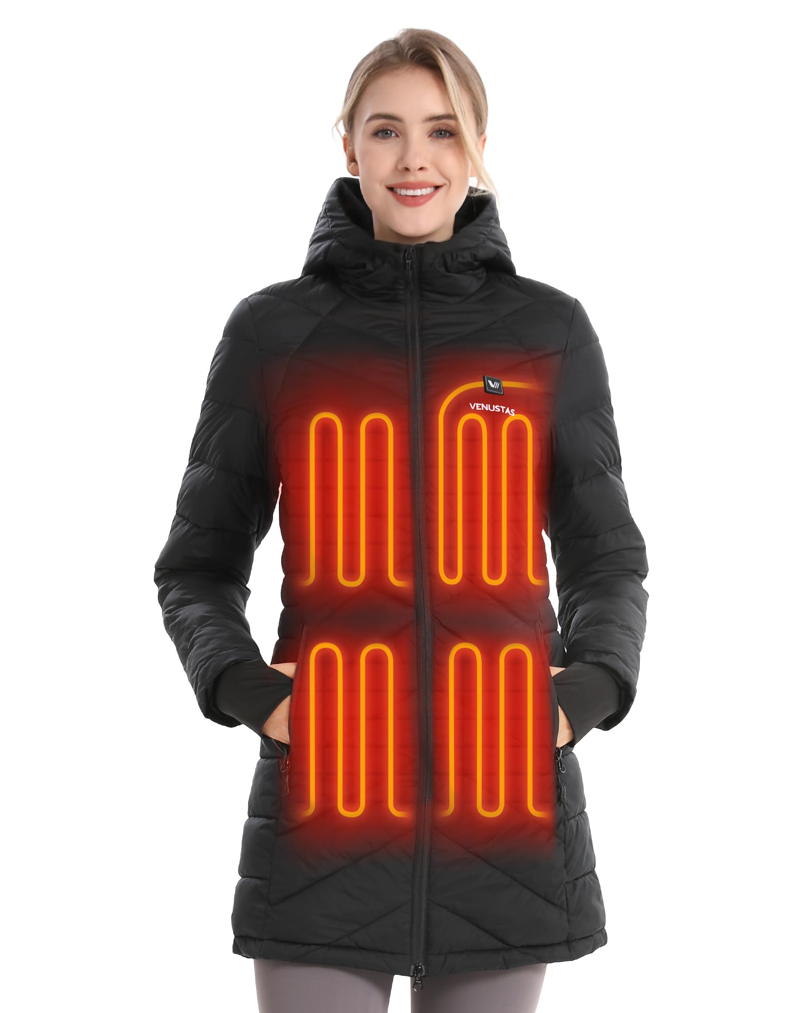 Venustas Women‘s Long Heated Jacket with Battery Pack, 100% Recycled Quilted Electric Puffer Winter Coat with Hood