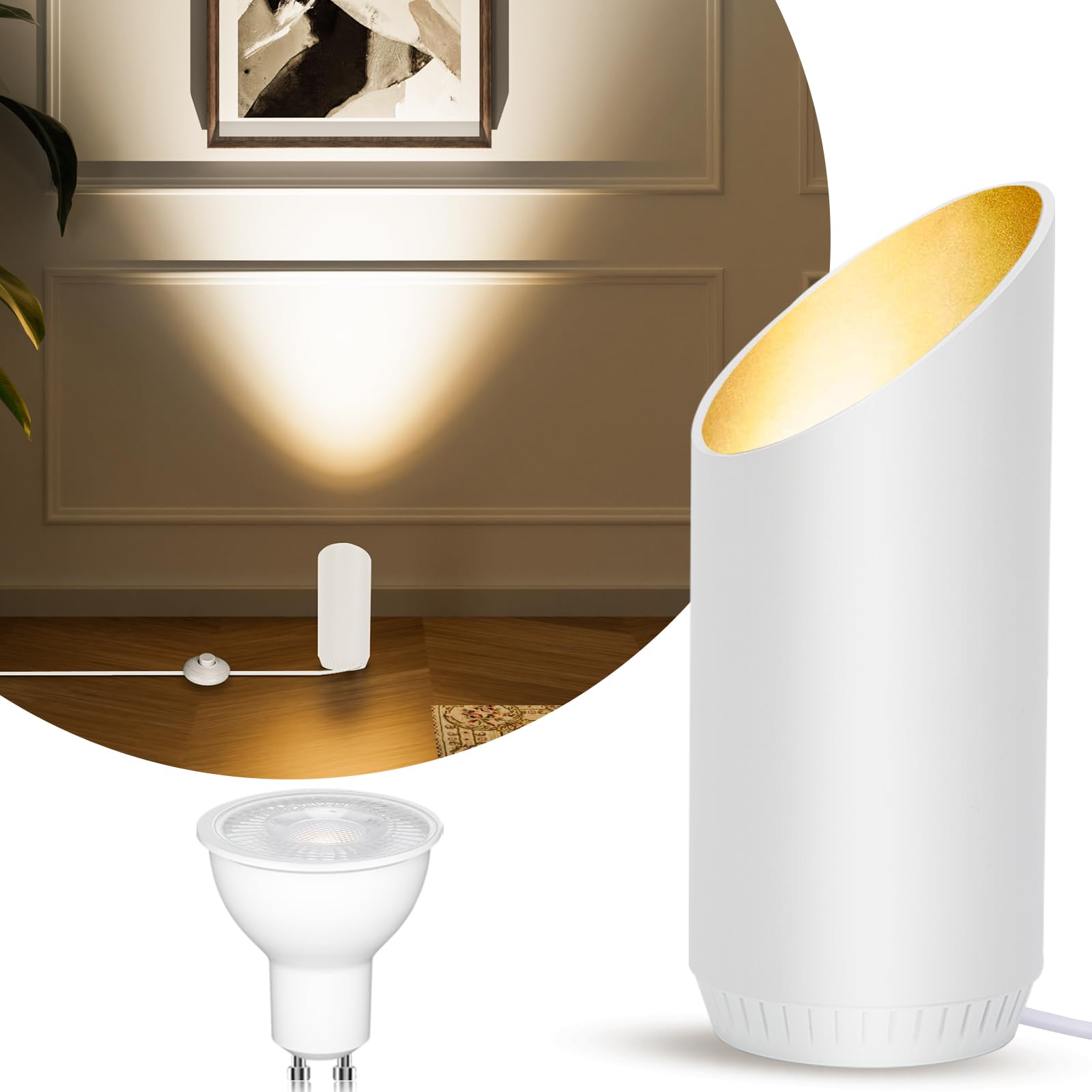 LED Sol Spot – 6W Lampe de Sol pour Intérieur, Noir, 3000K Blanc Chaud, Avec Ampoule GU10 LED 500LM, Spot avec Interrupteur Pied (Blanc, 1 paquet)