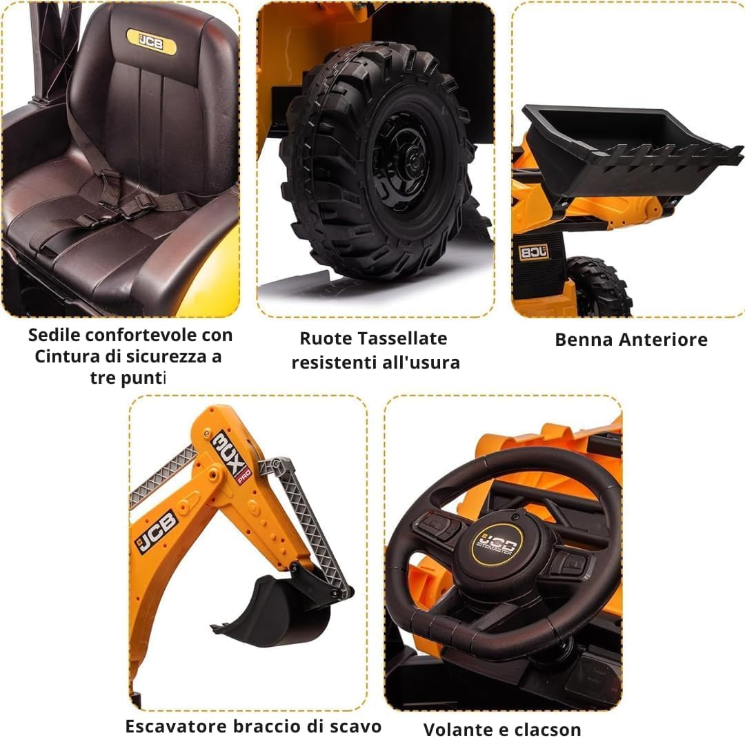 JCB Escavatore Elettrico per Bambini 24V 4 in 1 Cavalcabile con Telecomando Parentale