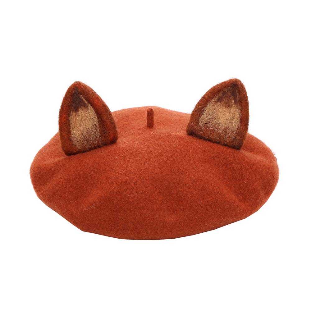 Zasy Women's Brown Fox Ears Wool Felt Cartoon Hat Classic Wool Beret French Beanie Cap Casual Style