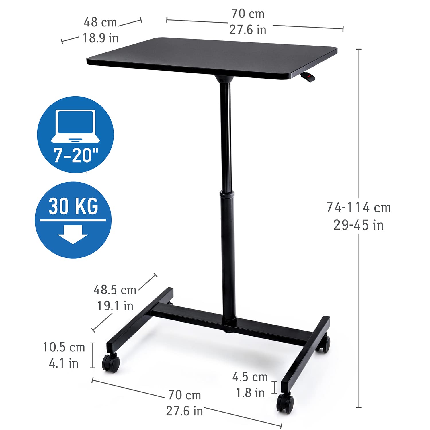 Tatkraft Focus - Laptoptisch Höhenverstellbar, 74-114 cm, Airlift Pneumatischer Sitz-Steh, mit Rädern, große Tischplatte Geeignet bis 19” Laptops