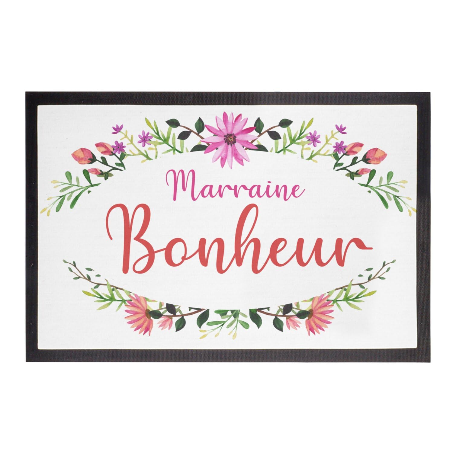 Paillasson Marraine Bonheur Frise de Fleur | Tapis d'entrée calligraphie déco 60x40cm