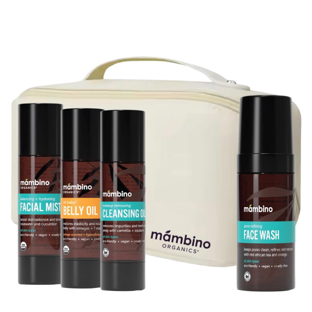 Mambino Organics - Zestaw na trzeci trymestr: pudełko upominkowe dla kobiet w ciąży z naturalnymi produktami do pielęgnacji skóry: antystress olejek na brzuch, olejek różany