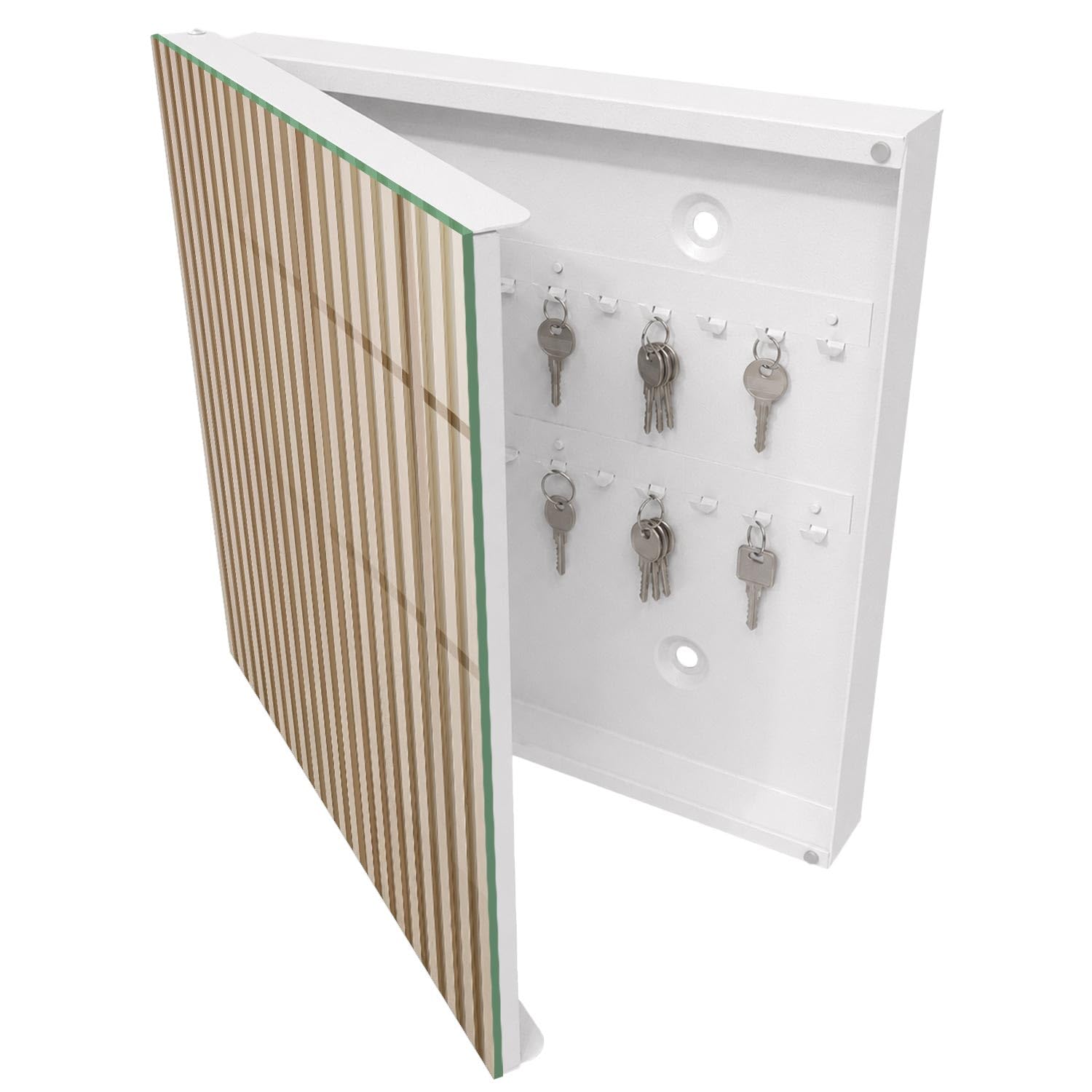 Armadietto Portachiavi 30x30 cm | Bianco | A Sinistra | Montaggio a Parete | Linee beige | Tasselli e Viti Inclusi | per Uffici | Frontale Decorativo in Vetro Temperato | in Metallo