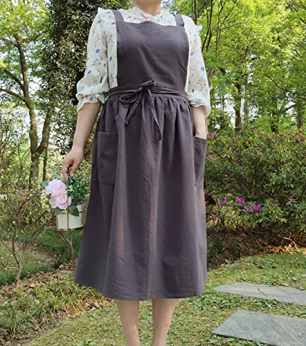 Cute Retro Cotton Linen X-Back Aprons Home Kitchen Garden Art Painting Pinafore Florist Shop Overalls (Grey, 39L) #TOP7