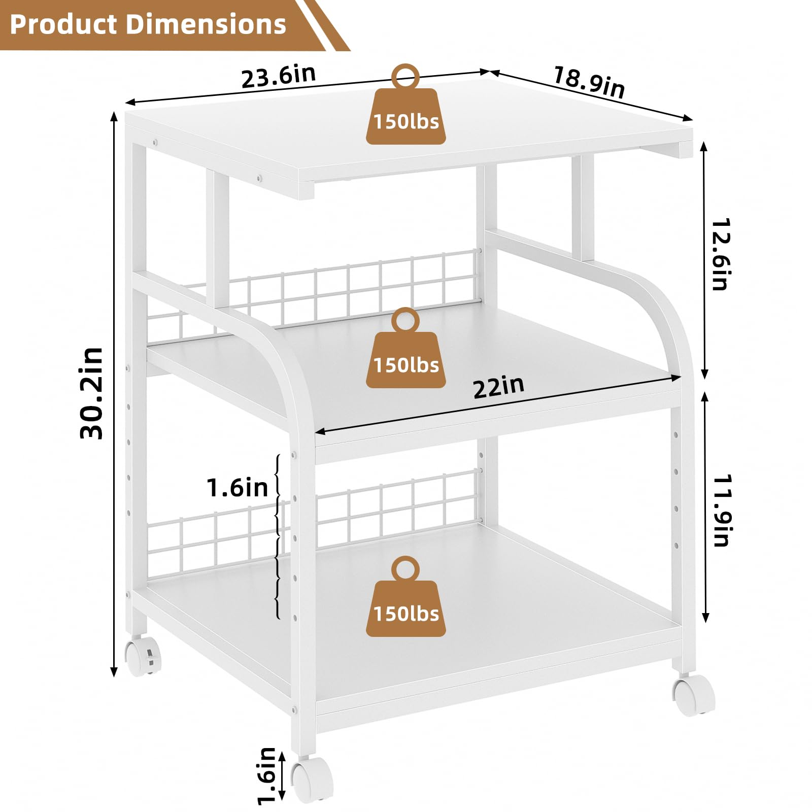 Lerliuo Grande supporto per stampante con contenitore, 50 cm di larghezza x 47 cm di profondità x 76 cm di altezza, 5 ripiani regolabili in altezza, tavolo mobile a 3 ripiani con ruote bloccabili