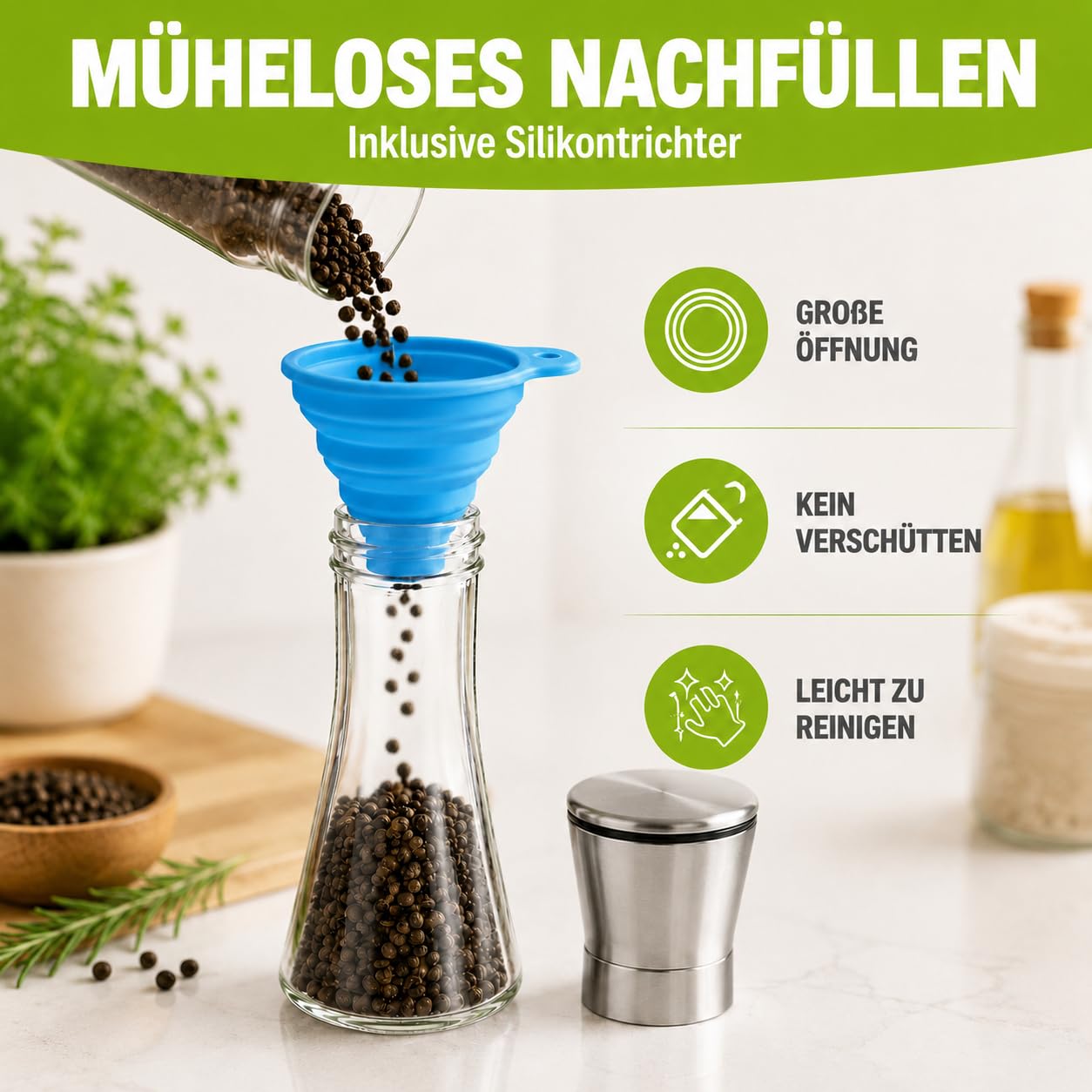Elf-Family Salz und Pfeffermühle 2er Set, Pfeffermühle und Salzmühle mit Keramikmahlwerk, Stufenlos Einstellbar, Großes Fassungsvermögen, Manuelle Gewürzmühle für Salz, Pfeffer und Gewürze, 19,2 cm