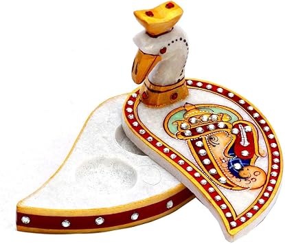 Marble Made Peacock Shape Roli Rice Kumkum Ganesh Chopra for Tilak Tika, Wedding Gifts, Raksha Bhandhan Gift