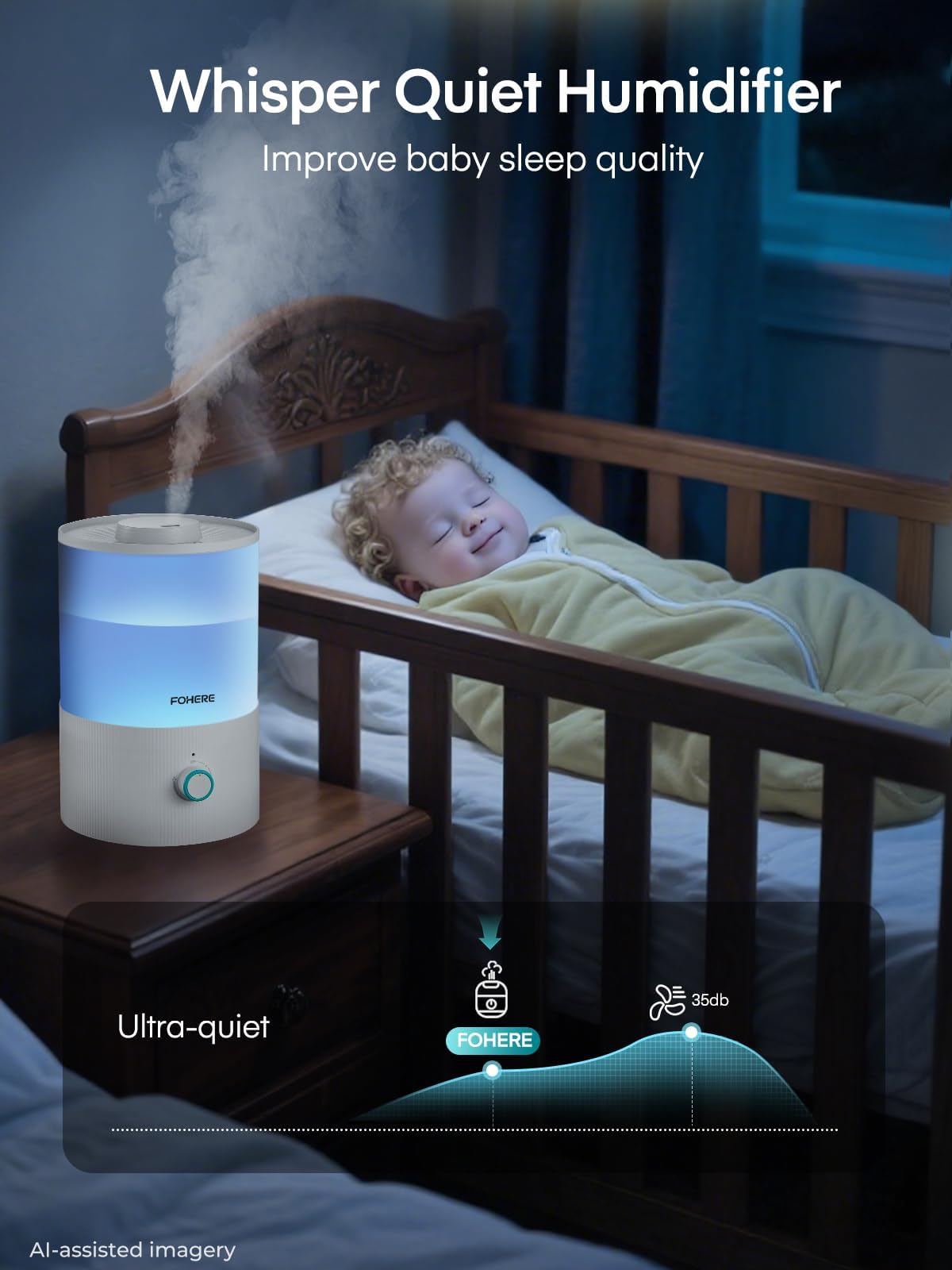 FOHERE Humidificateurs pour la chambre à coucher, humidificateur ultrasonique à remplissage par le haut de 3.2L à brume froide pour les chambres de bébé et les plantes, Blanc