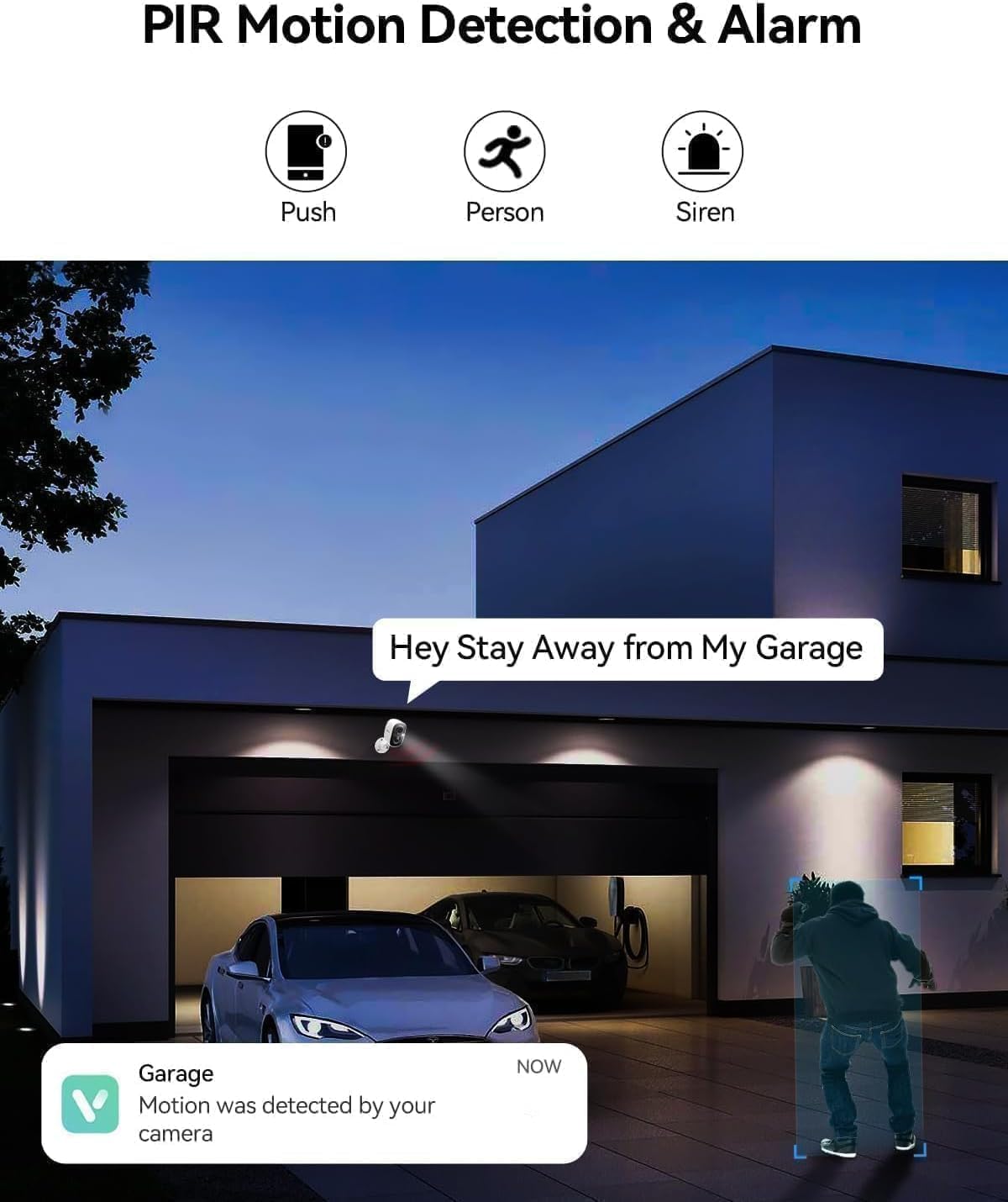 LongPlus camera detecting a person near a garage, triggering an alert and siren.