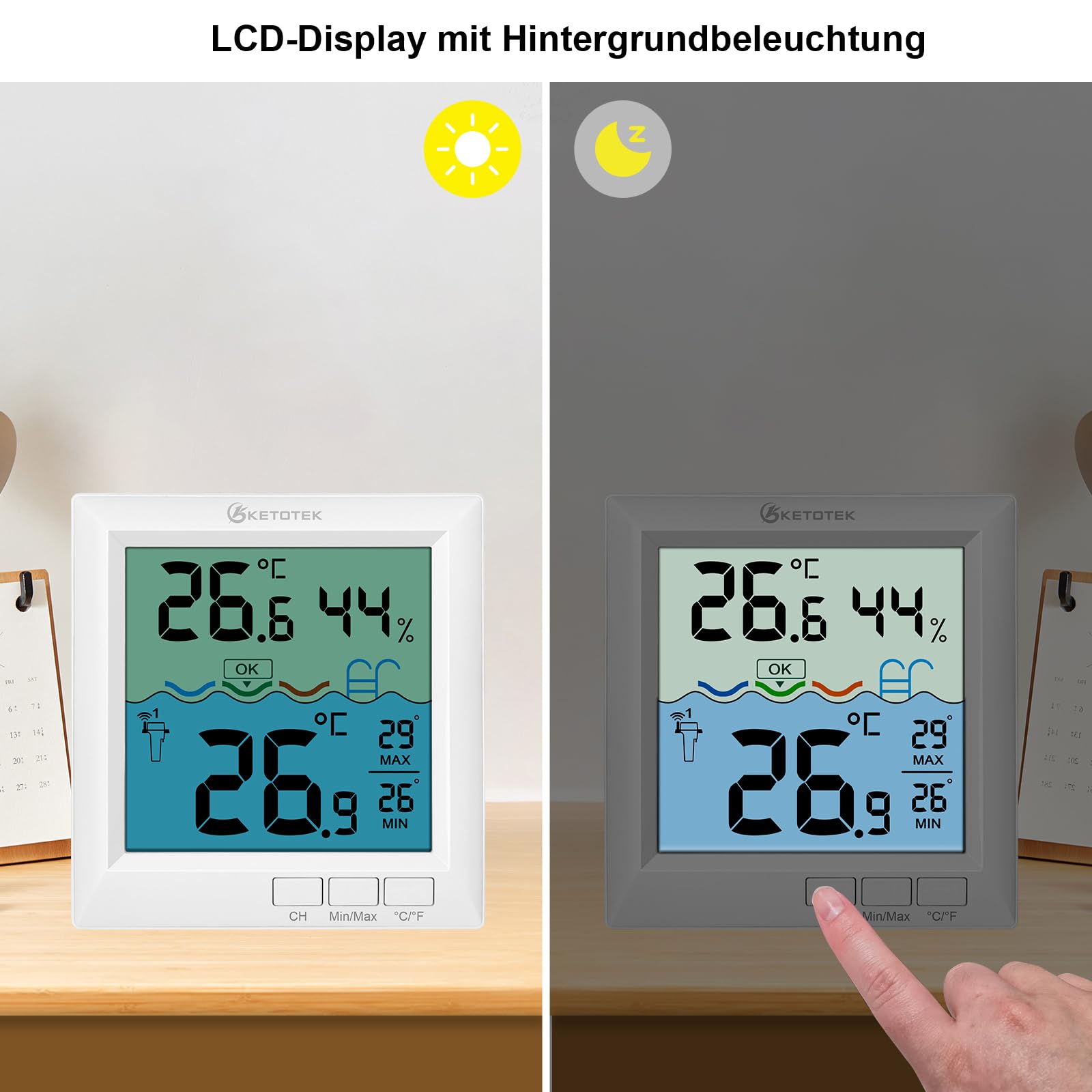 KETOTEK Poolthermometer Funk Schwimmendes Digitaler Wassertemperaturmesser für Schwimmbad, 60m Reichweite, IPX8 wasserdicht Präzises Thermometer für Badewanne, Teich, Aquarium