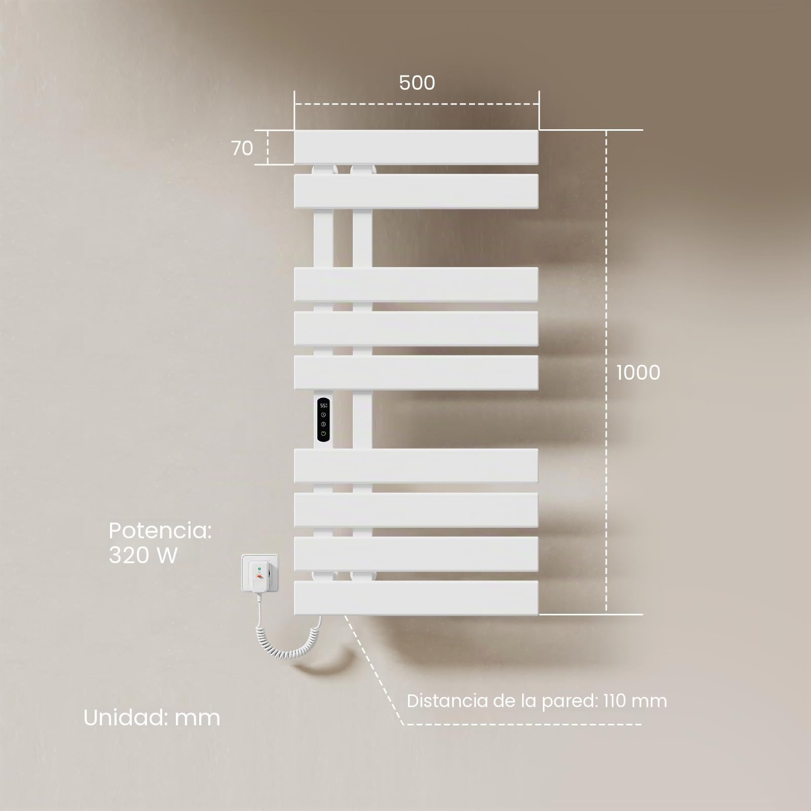 EMKE Radiador de Toallas Eléctrico 1000 x 500 mm,Blanco,320W