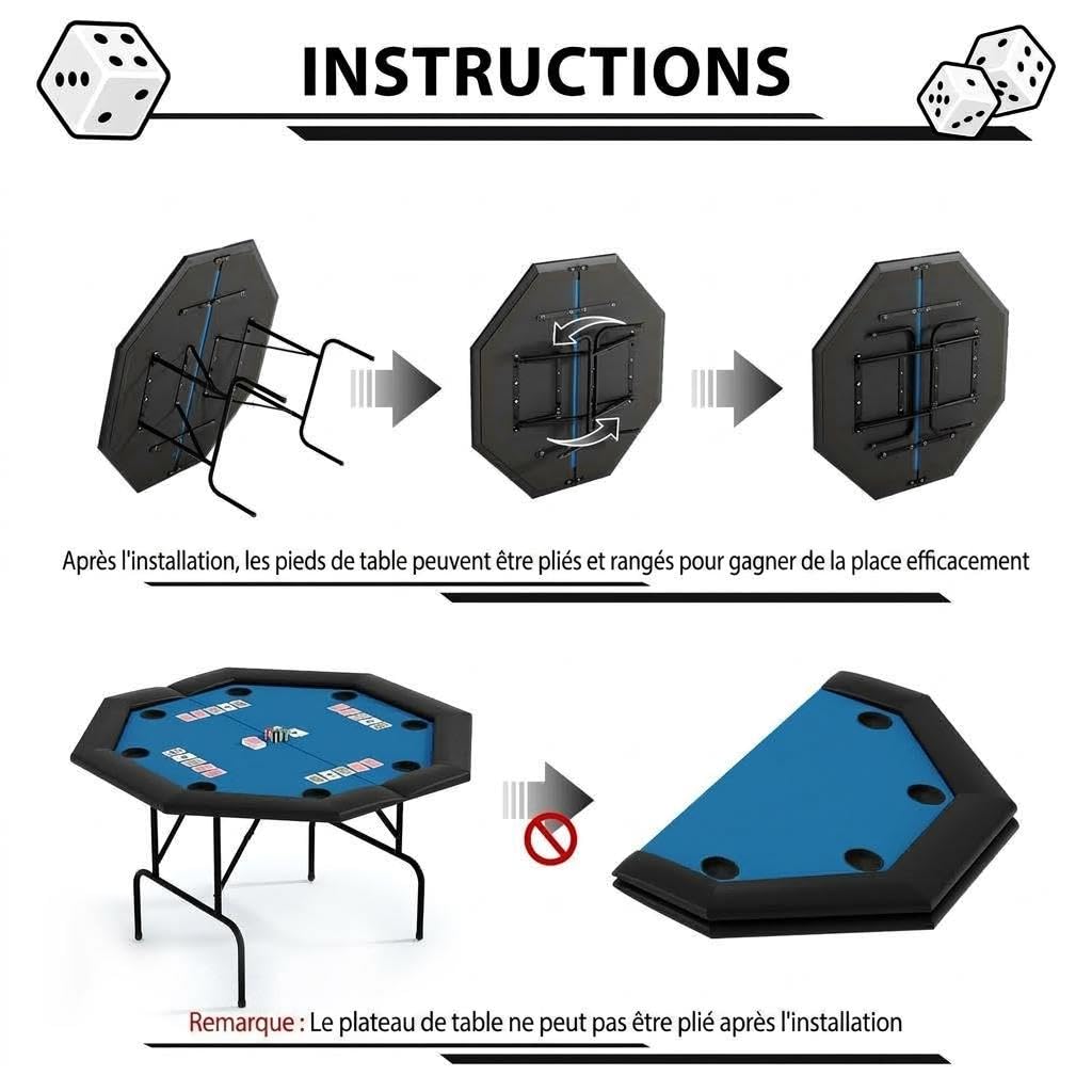 Table De Poker Pliable Octogonale Pour 8 Joueurs, Table De Poker De Casino Avec Pieds En Fer, Porte-Gobelets En Acier Inoxydable, Surface Résistante à l'Eau Pour Jeu De Cartes, Soirées En Famille Et c