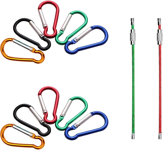 10 x Multifunctional Aluminium D-Shape Safety Carabiner Hooks for Mountaineering Outdoor Sports with 2 Metal Cable Loops for Climbing, Camping, etc.