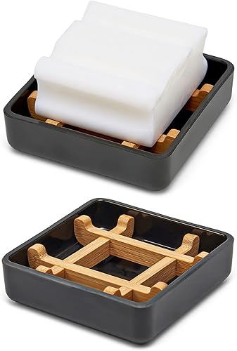 Jabonera cuadrada de bambú de madera para barra de jabón para ducha con drenaje para baño pequeña jabonera desmontable paquete doble en ángulo recto