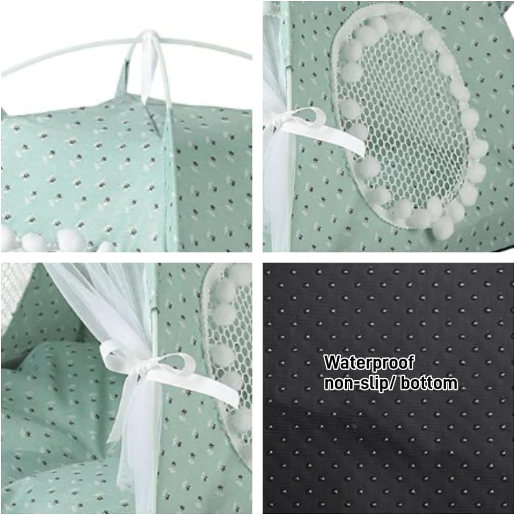 Cat Bed Tents Dog House Indoor Outdoor Lace Mesh Breathable Windows Door Curtains Removable Portable Nest Teepe House (Small,Mint&White)