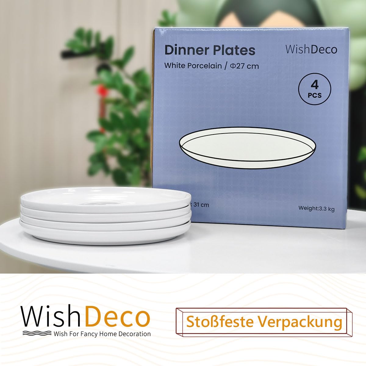 WishDeco Set di 4 Piatti Piani, Piatti Pizza Ceramica 27 cm, Piatto Moderni Bianchi, Piatto da Portata Grande, Servizio Plate Rotondi per Insalata, Pasta, Bistecca, Panino