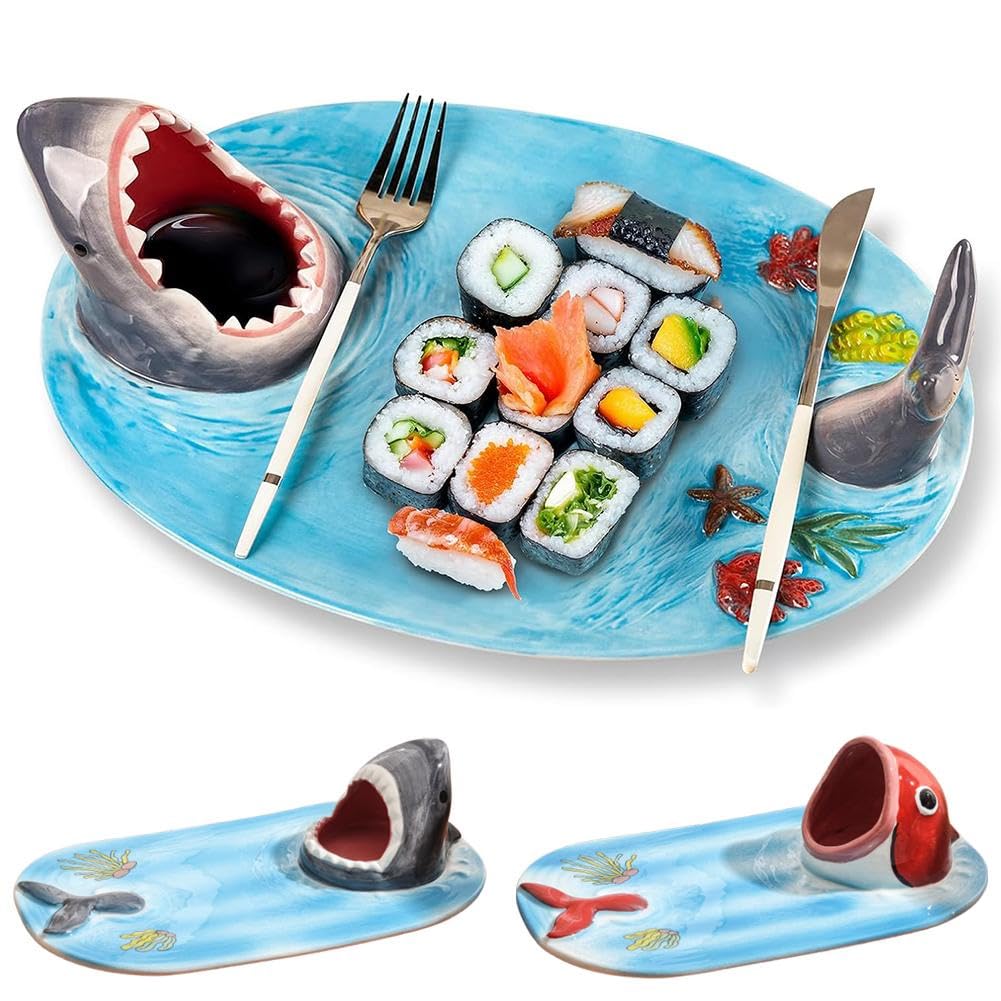 Blue Ceramic Shark Plate, Shark Sushi Plates, Funny Handmade Kitchen Salad Plates with Dipping Sauce Bowl, Ceramic Cute Japanese Blue Hand Painted Dinner Party Plates, for Microwave/Oven/Dishwashe