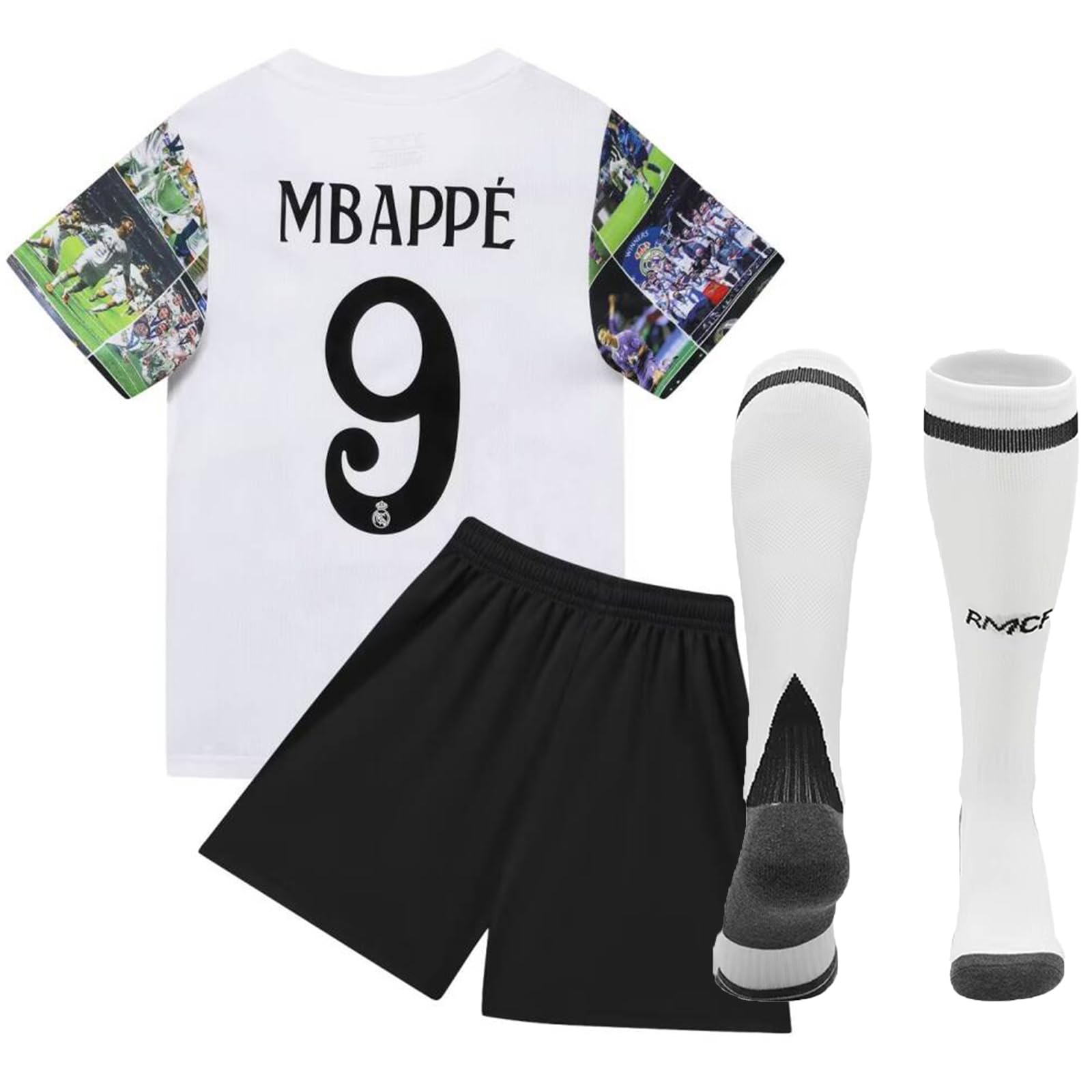 No #9 Madrid Special Edition Kids Soccer Jersey Shirts Football Futbol Socks Set Youth Sizes (Big & Tall, BWhite, 7-8 Years)